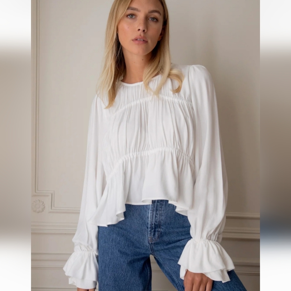 Rosae Paris Le Delaunay Smocked Blouse Ruffled Wrists Meringue, French Romantic - Picture 3 of 15